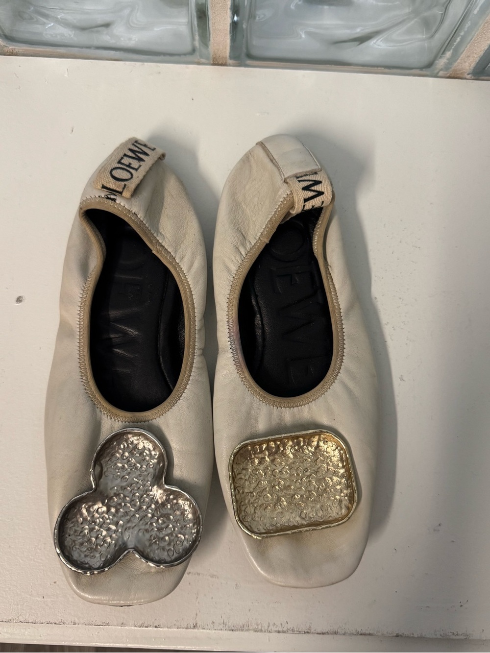 Loewe Cream Leather Ballet Flats Mismatched